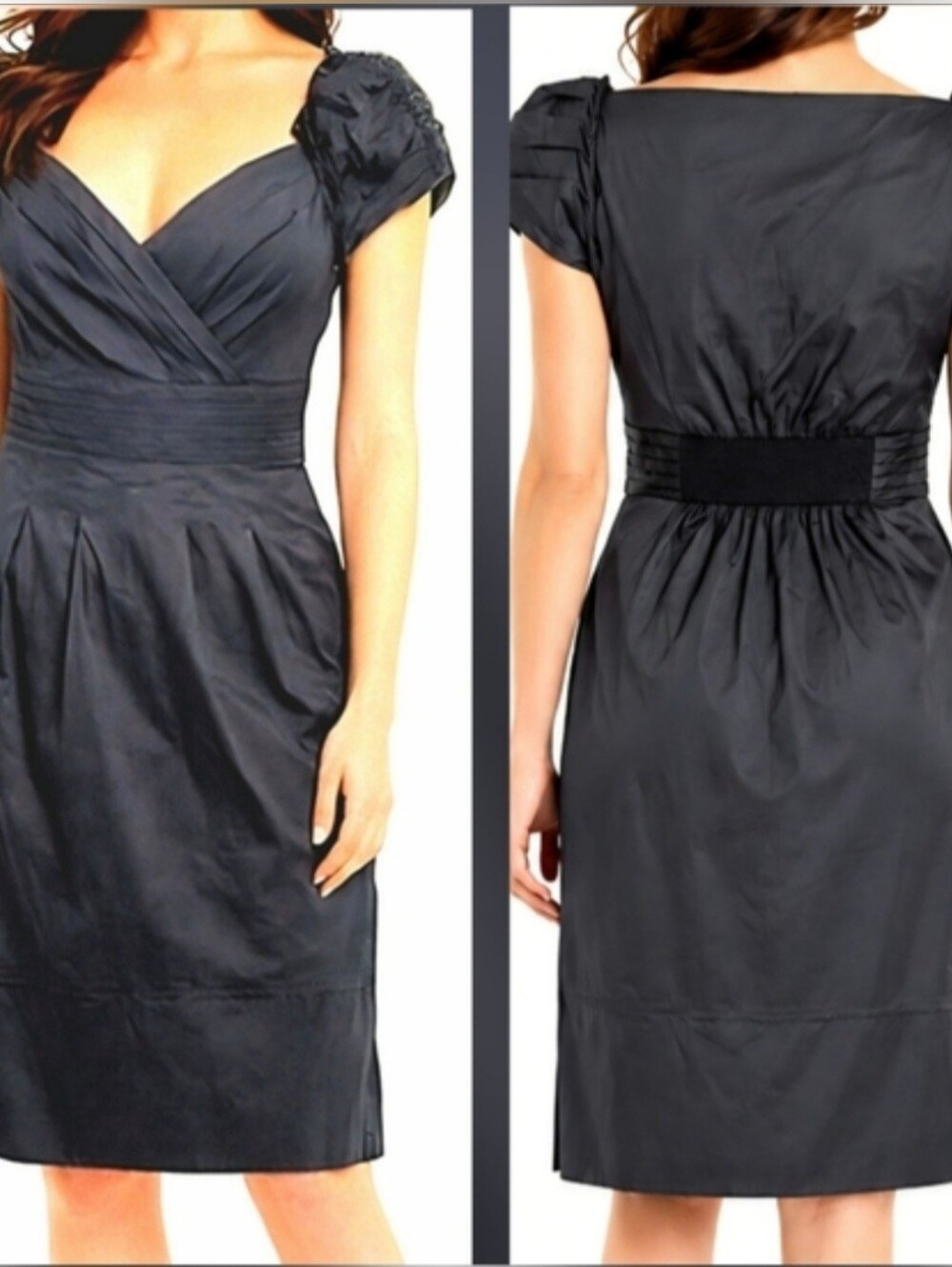 BCBGMAXAZRIA Navy Ruched Bodice Dress Elastic Back Lightweight Size L (12)